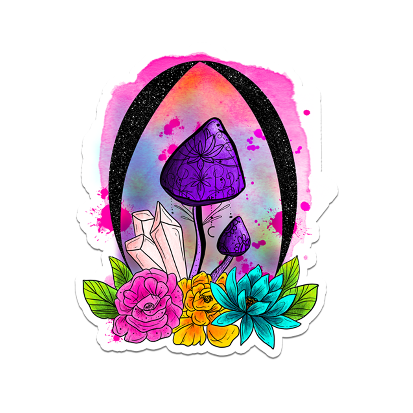 Trippy Purple Mushroom with Flowers Vinyl Sticker | 3"