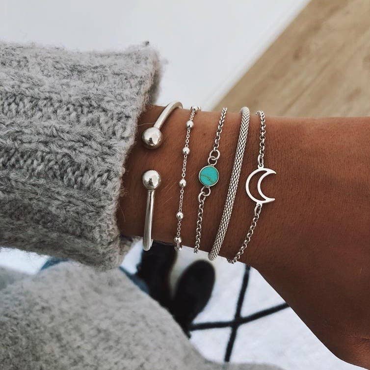 5-Piece Moon Bead Chain & Cuff Bracelet Set