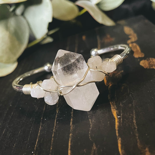 Quartz Point Silver Bangle Cuff Bracelet