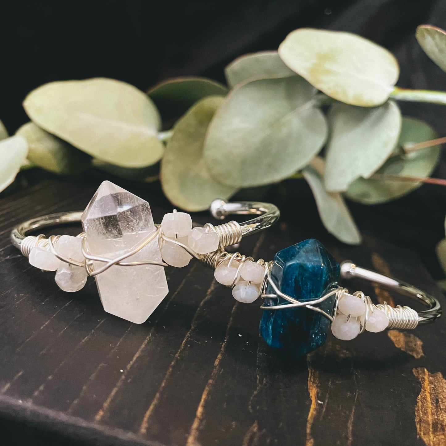 Quartz Point Silver Bangle Cuff Bracelet