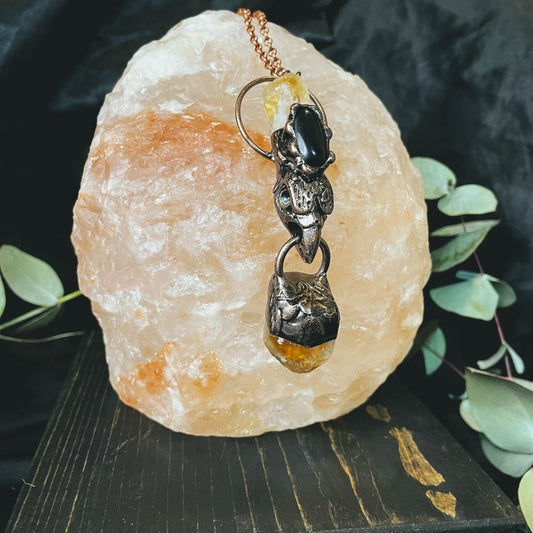 Citrine Obsidian Bird Skull Crystal Necklace