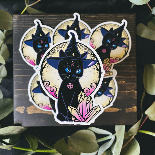 Witchy Black Cat in Witch Hat Vinyl Sticker | 3"