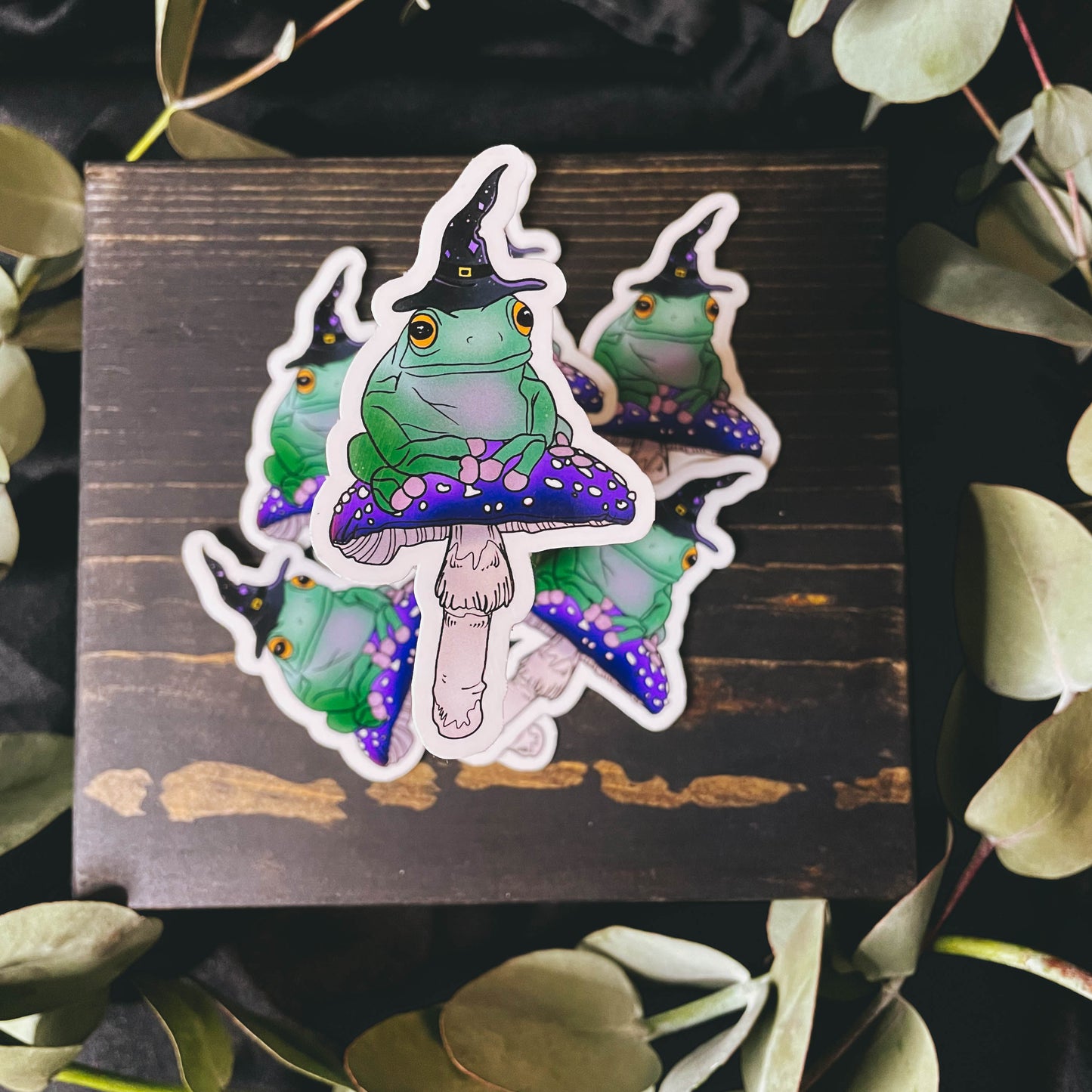 Magical Frog Witch on Purple Mushroom Vinyl Sticker | 3"