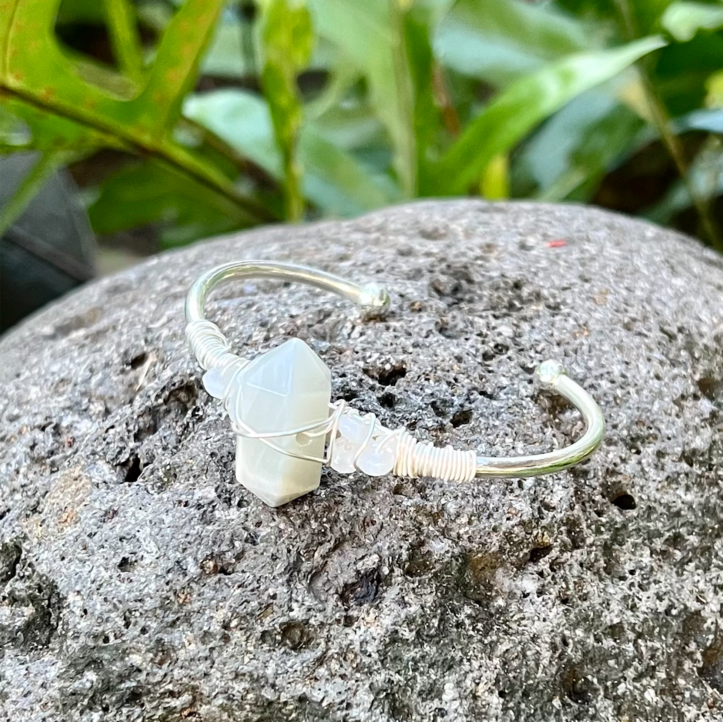 Quartz Point Silver Bangle Cuff Bracelet