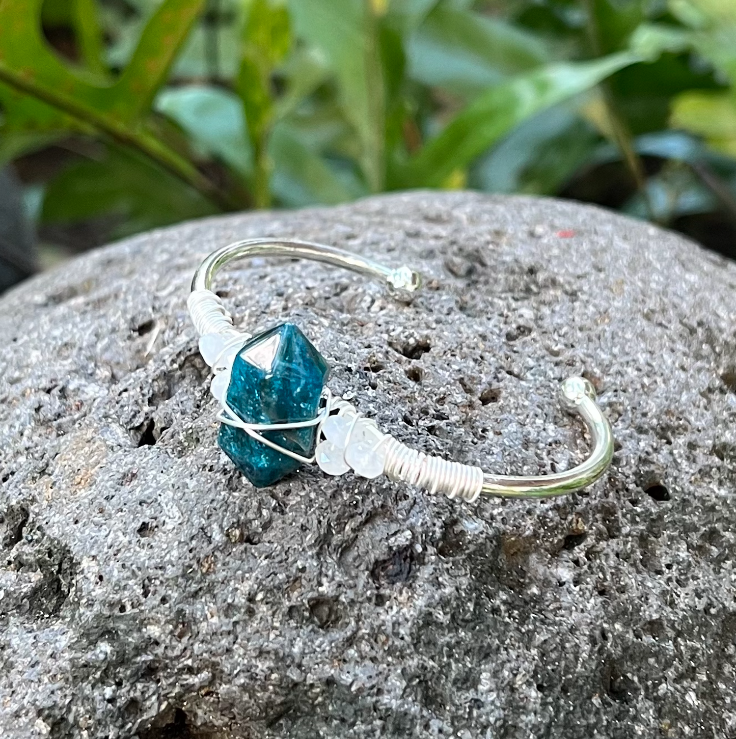 Blue Apatite Silver Bangle Cuff Bracelet