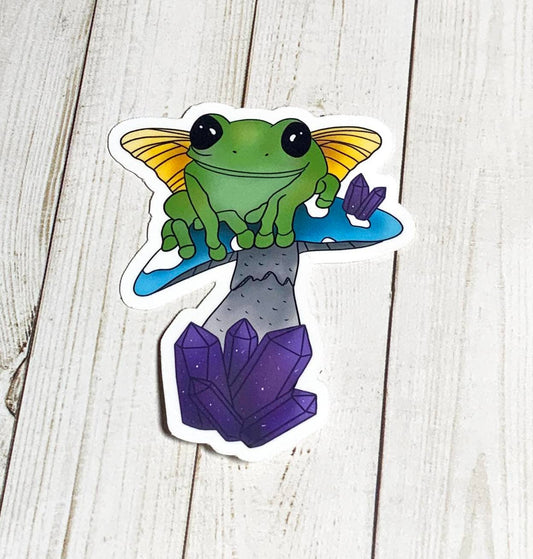 Fairy Frog on Blue Mushroom Vinyl Sticker | 3"