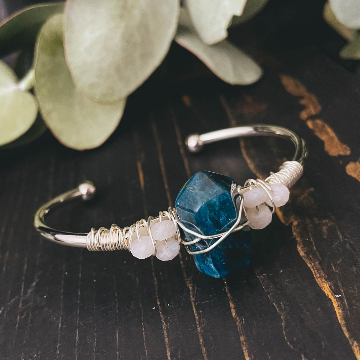 Blue Apatite Silver Bangle Cuff Bracelet