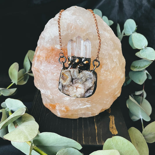 Druzy Agate and Clear Quartz Crystal Necklace