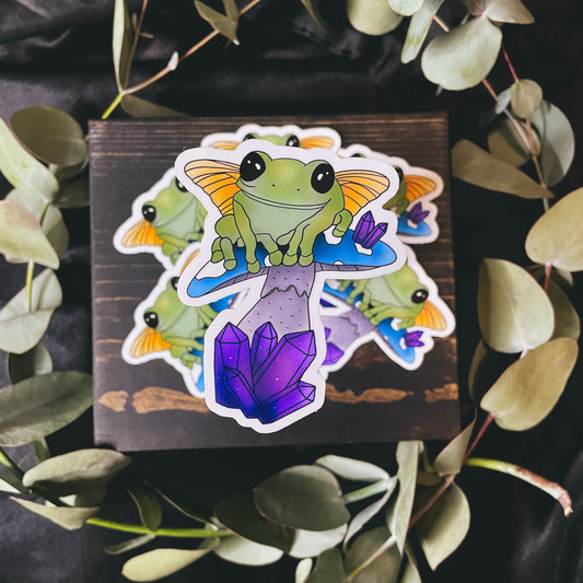 Fairy Frog on Blue Mushroom Vinyl Sticker | 3"