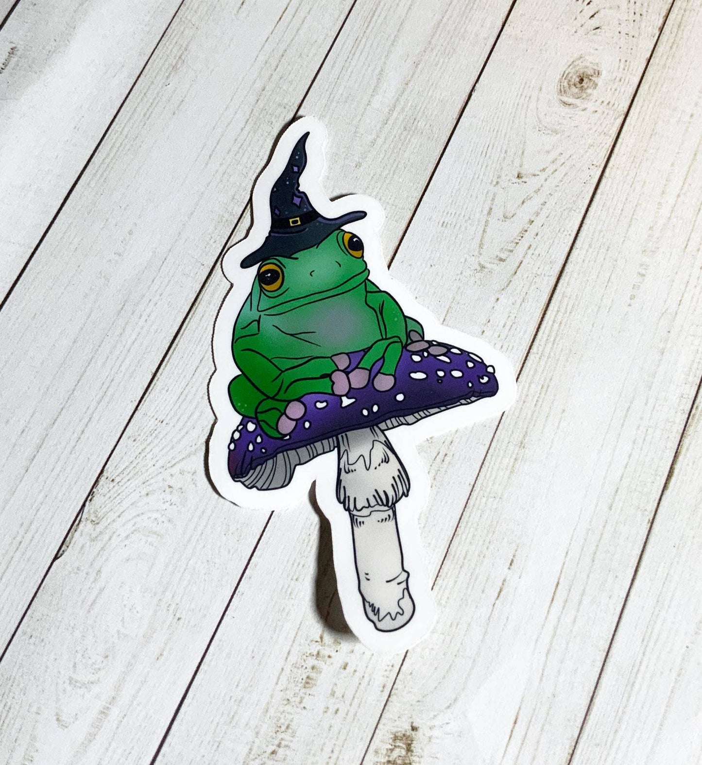 Magical Frog Witch on Purple Mushroom Vinyl Sticker | 3"